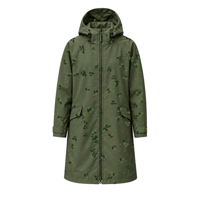 Water-Reactive Botanical Long Raincoat — Olive