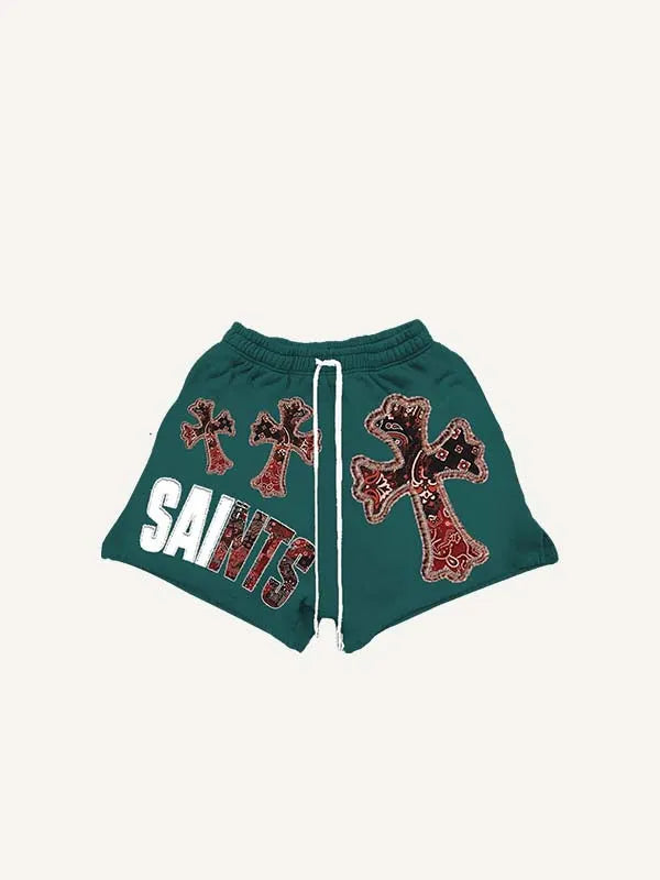 Shorts à taille cordon avec imprimé croix, lettres et graphique
