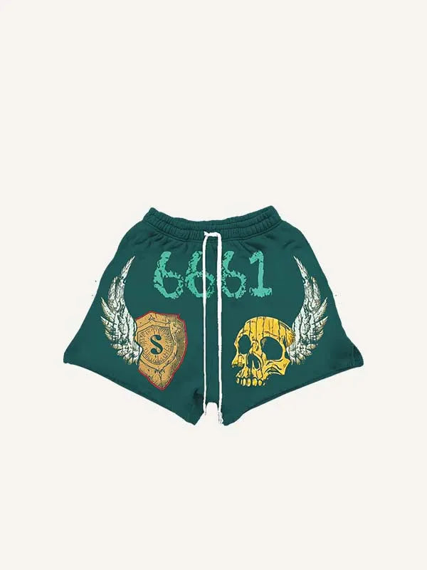 Wing&Skull&Letter&Graphic Print Drawstring Waist Shorts