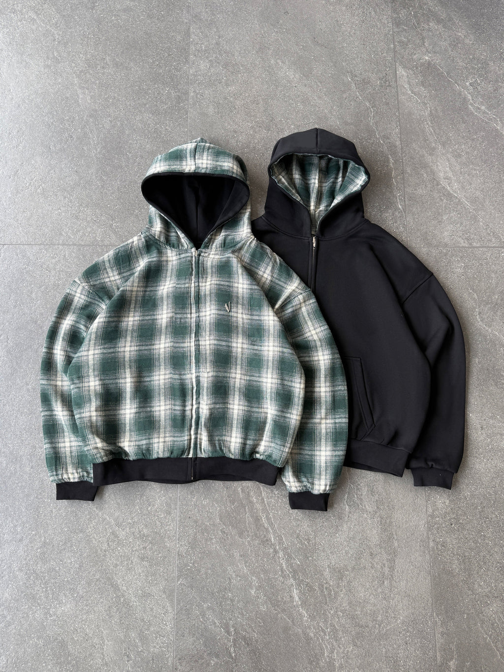 Reversible Plaid Zip-Hoodie V2（Black/Green）