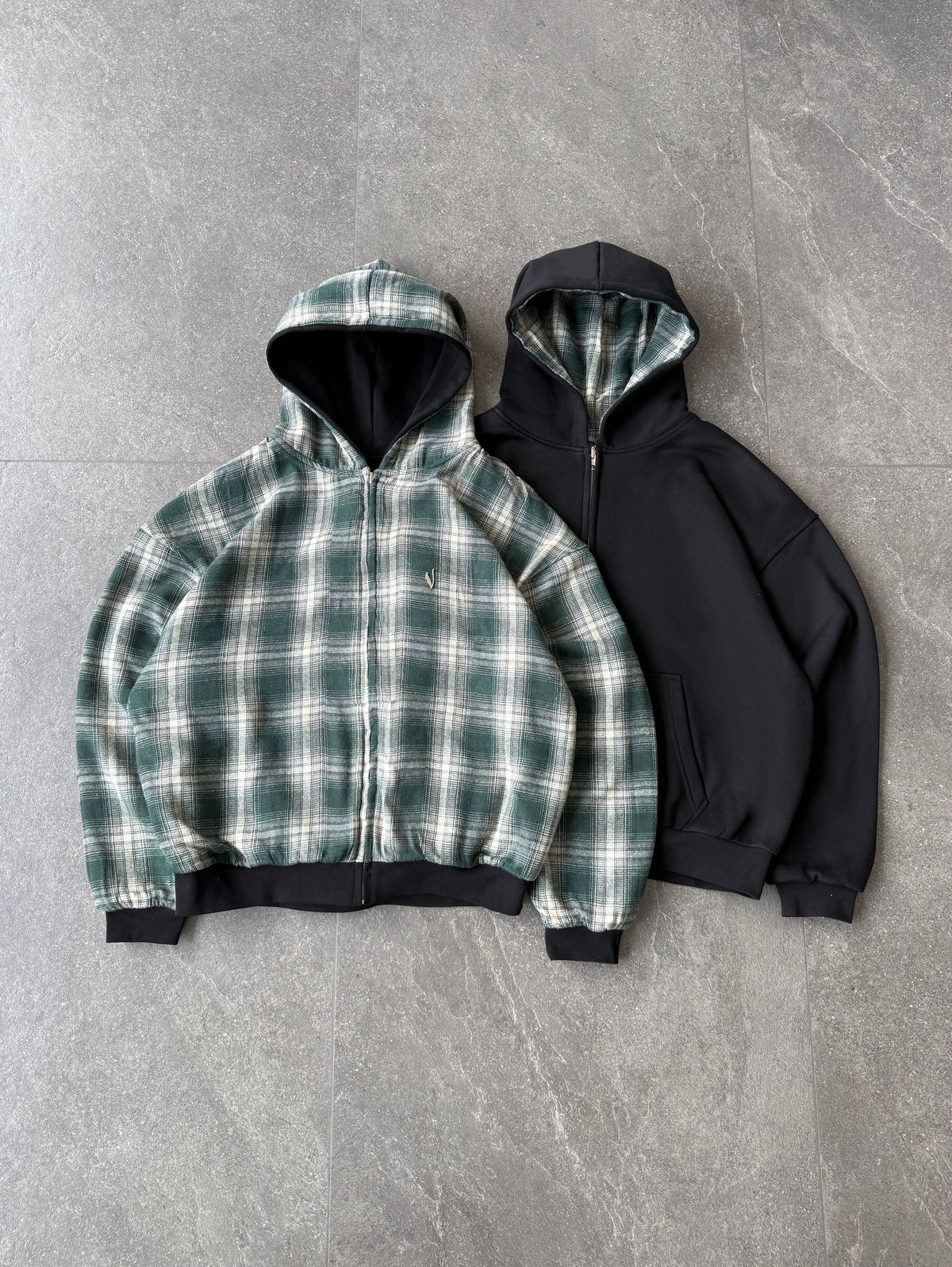 Reversible Plaid Zip-Hoodie V2（Black/Green）