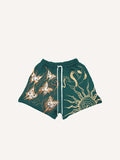 Pantaloncini con stampa luna, sole, serpente e farfalla e vita con coulisse