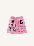 Shorts à taille cordon avec imprimé soleil, lune et lettres, effet vieilli