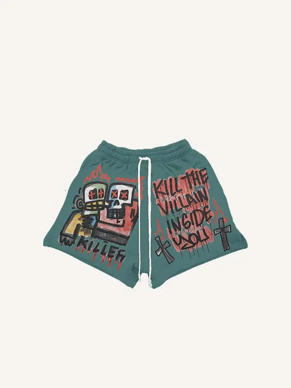 Figure&Skull&Fire&Letter Print Drawstring Waist Shorts