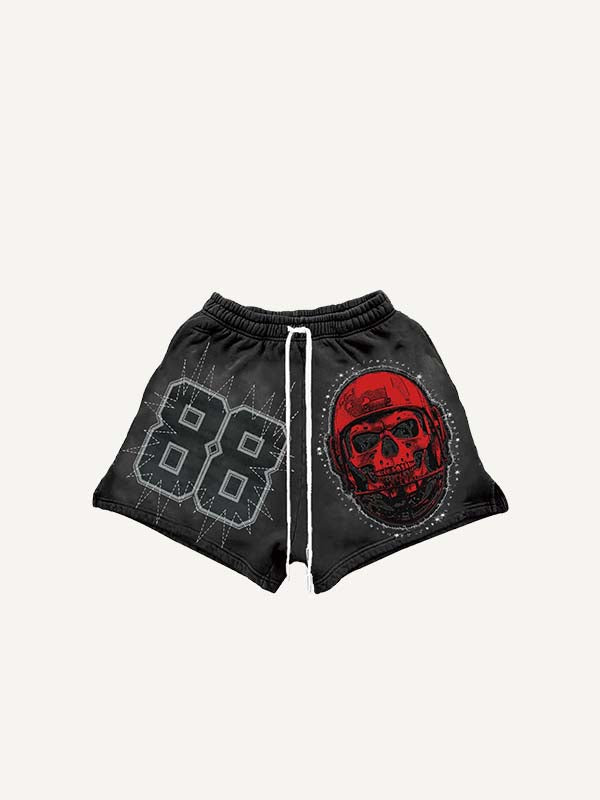 Short met print van schedel en grafische letters met imitatie-opdruk en trekkoord in de taille