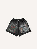 Shorts à taille cordon avec imprimé personnage, prière, ange, fleurs, lettres et tête de mort