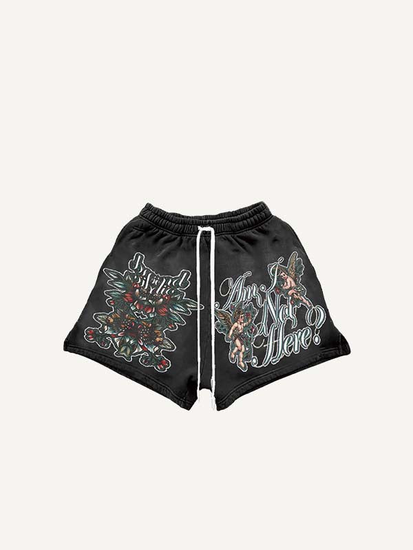 Shorts à taille cordon avec imprimé personnage, prière, ange, fleurs, lettres et tête de mort