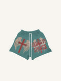 Cross&Wing&Letter Print Drawstring Waist Shorts