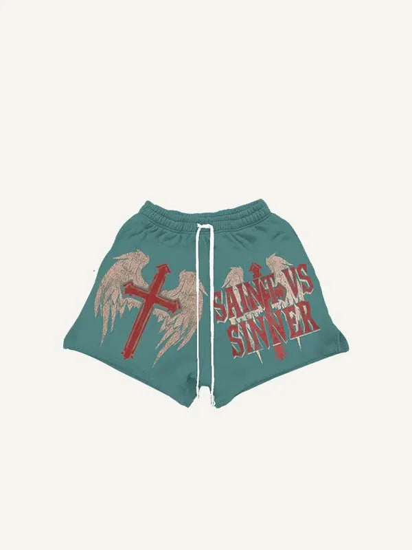 Cross&Wing&Letter Print Drawstring Waist Shorts
