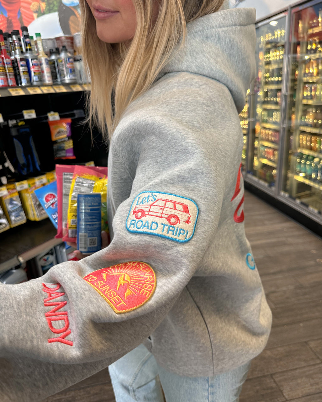 Sweat à capuche oversize « Road Trip ! » en gris chiné foncé
