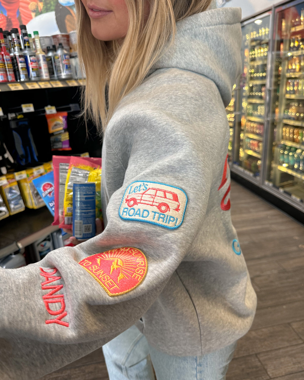 Sweat à capuche oversize « Road Trip ! » en gris chiné foncé