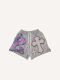 Colorblock Cross&Graphic Faux Decal Print Drawstring Waist Shorts