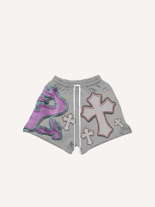 Colorblock Cross&Graphic Faux Decal Print Drawstring Waist Shorts