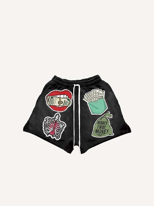 Heart&Skeleton&Graphic&Letter Faux Decal Print Drawstring Waist Shorts
