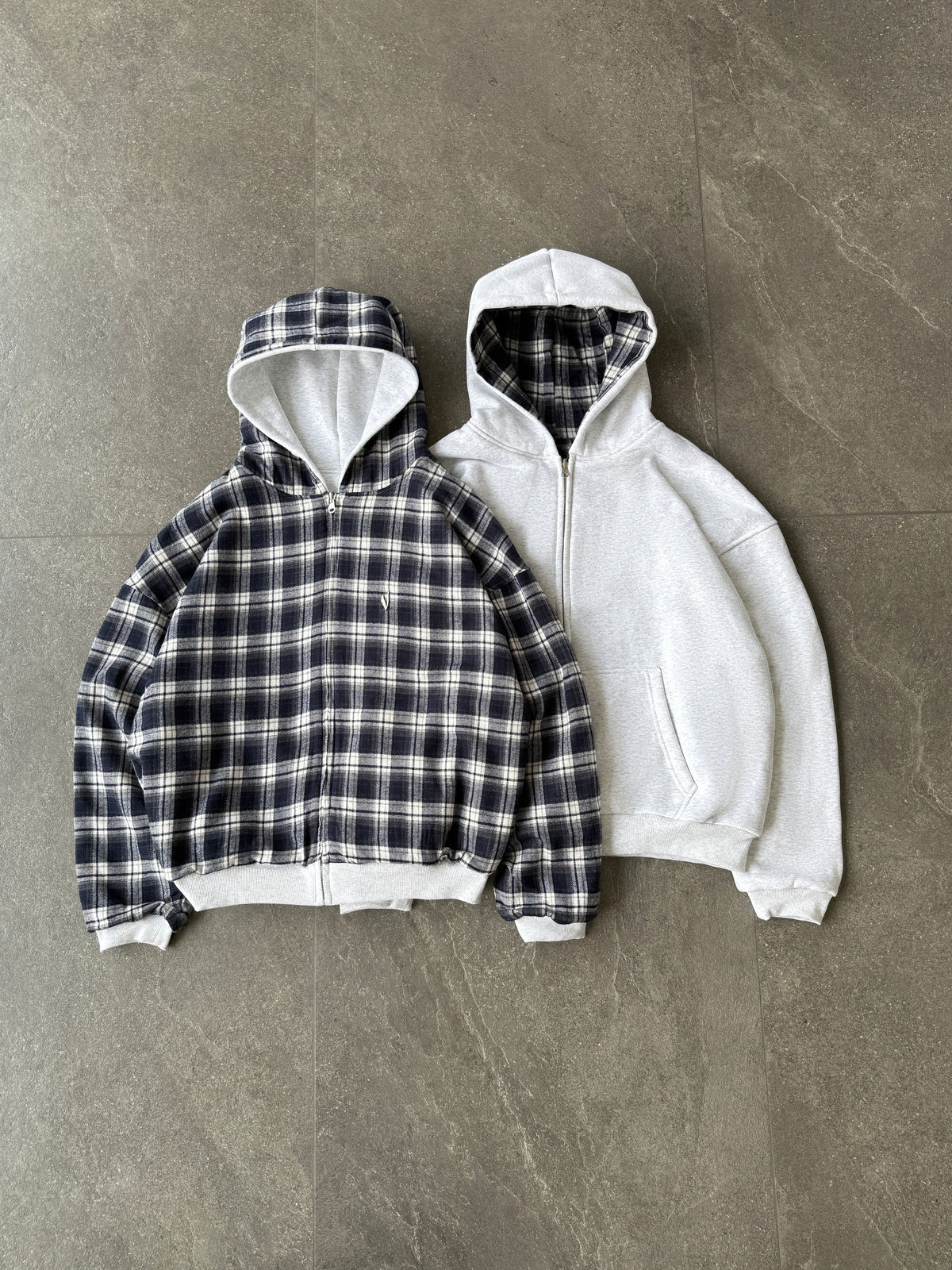 Reversible Plaid Zip-Hoodie V2（Light Grey/ Faded Navy）
