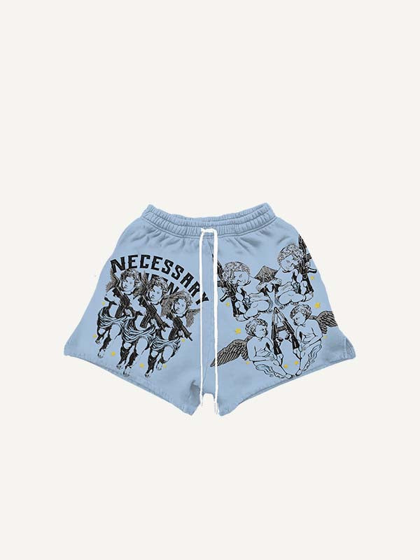 Shorts à taille cordon avec imprimé ange, pistolet et lettre