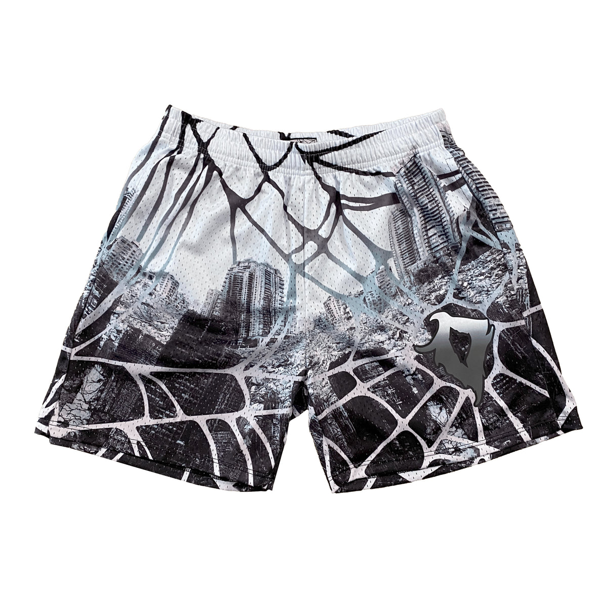 Casual meshshort van mesh met spinnenwebprint