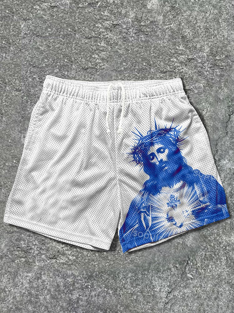 Vintage Jesus-Print-Mesh-Shorts mit Kordelzug