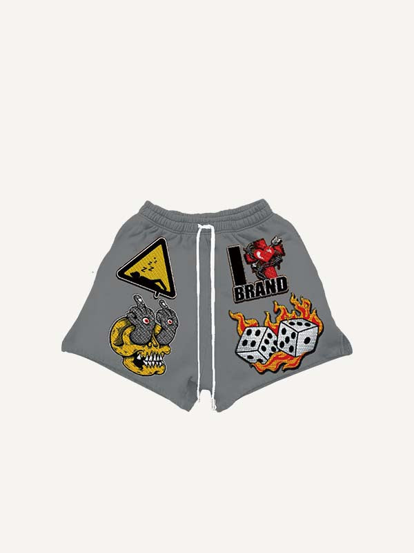 Skull&Fire&Graphic&Letter Faux Decal Print Drawstring Waist Shorts