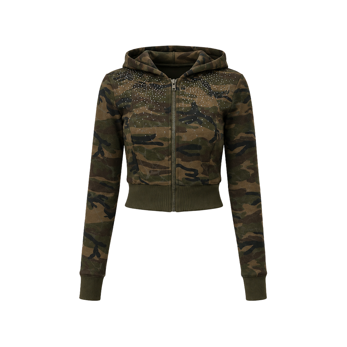 Korte camouflagehoodie met strass