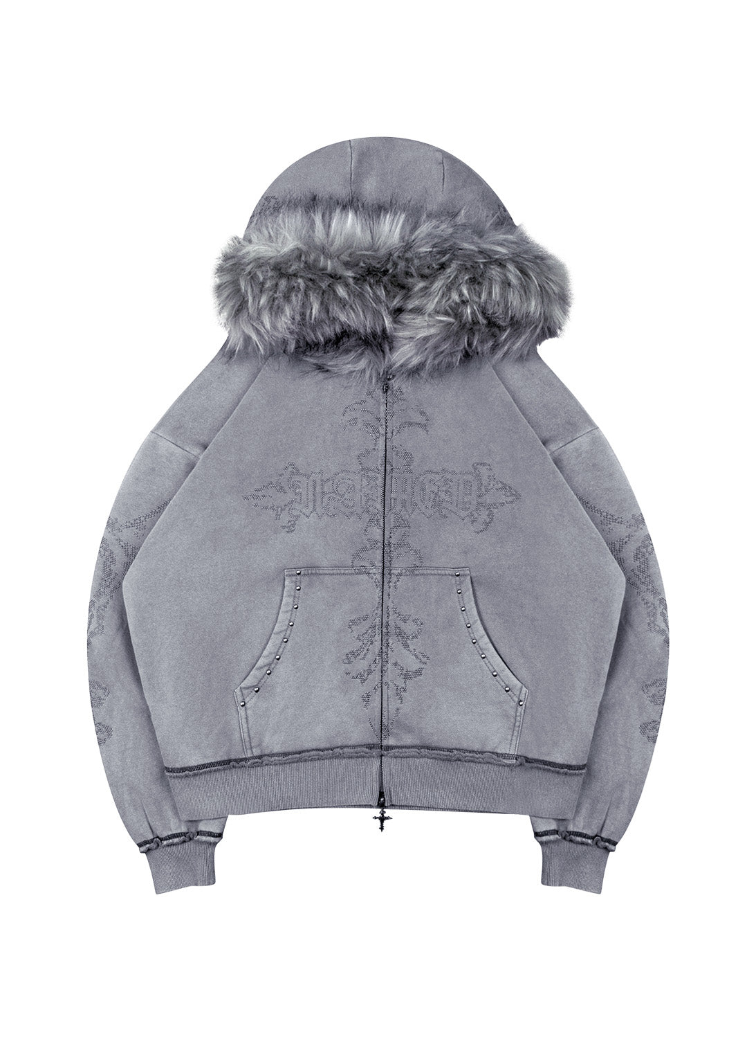 FERAL SWEATVEST MET RITS, KUNSTBONT EN NIETEN, GEWASSEN GRIJS (AFNEEMBAAR BONT)