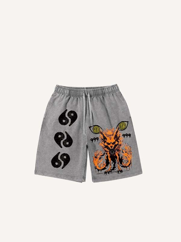 Pantaloncini con coulisse in vita, stampa effetto usurato con volpe e occhio