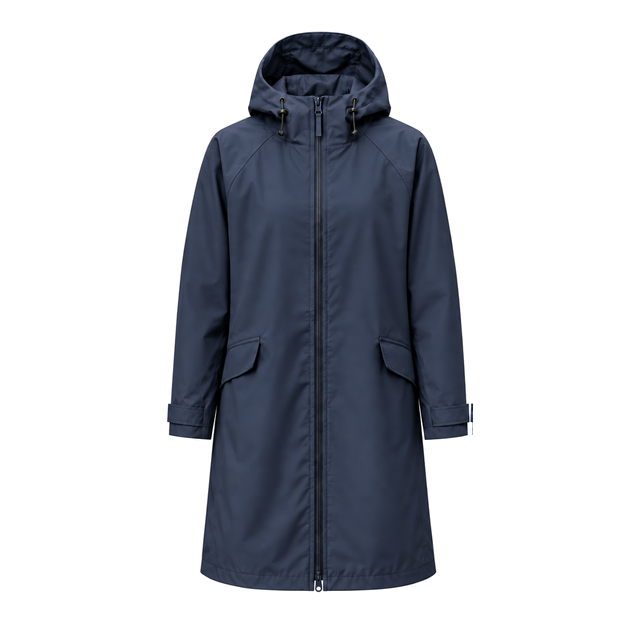 Water-Reactive Ripple Long Raincoat — Navy