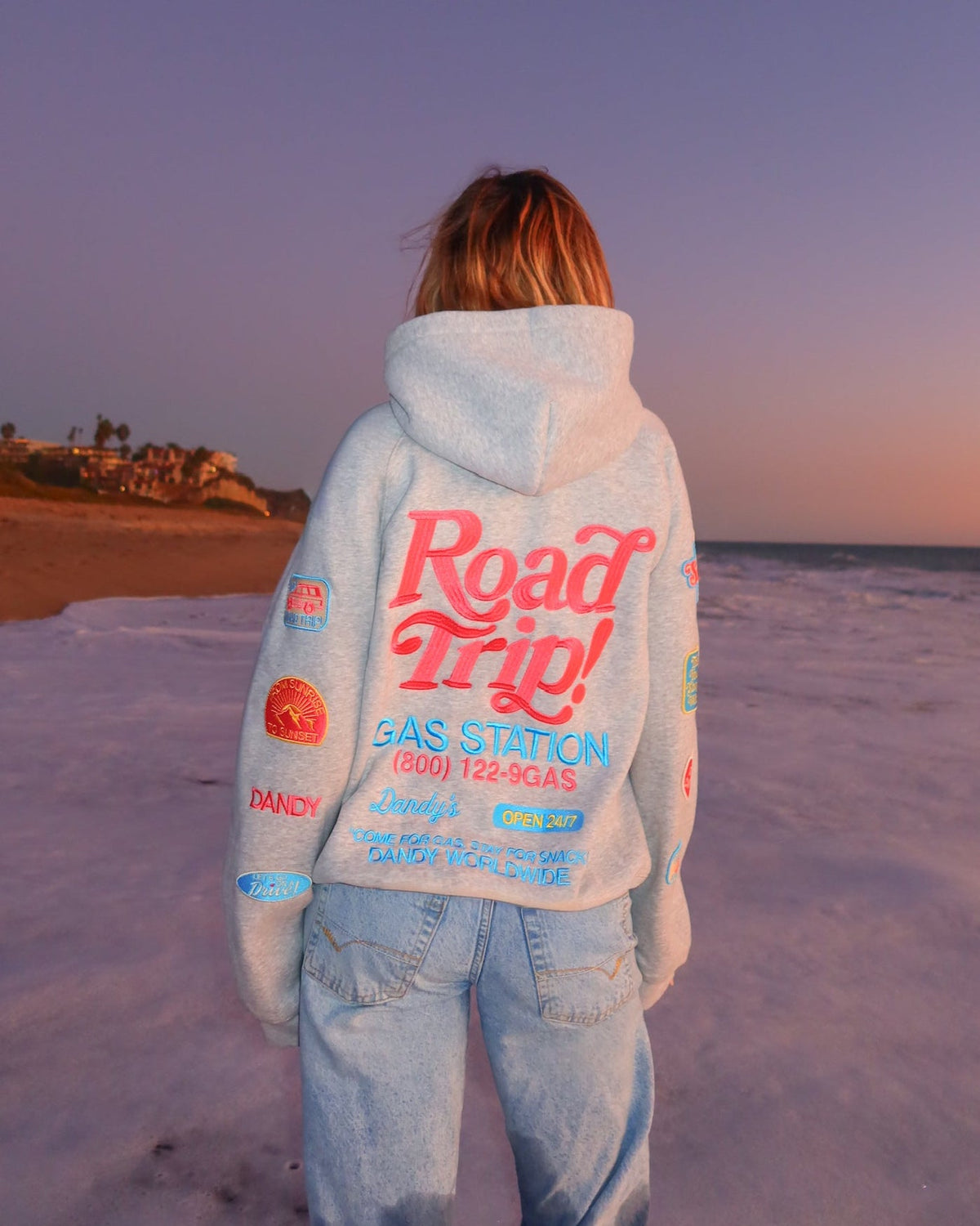 Sweat à capuche oversize « Road Trip ! » en gris chiné foncé