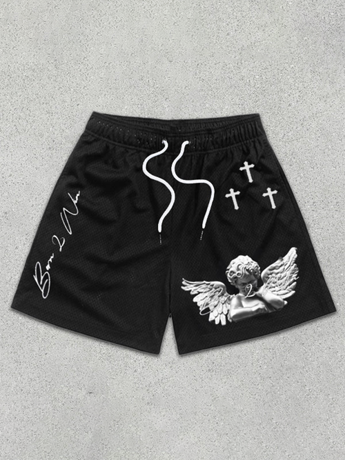 Angel Cross Print Mesh-Shorts