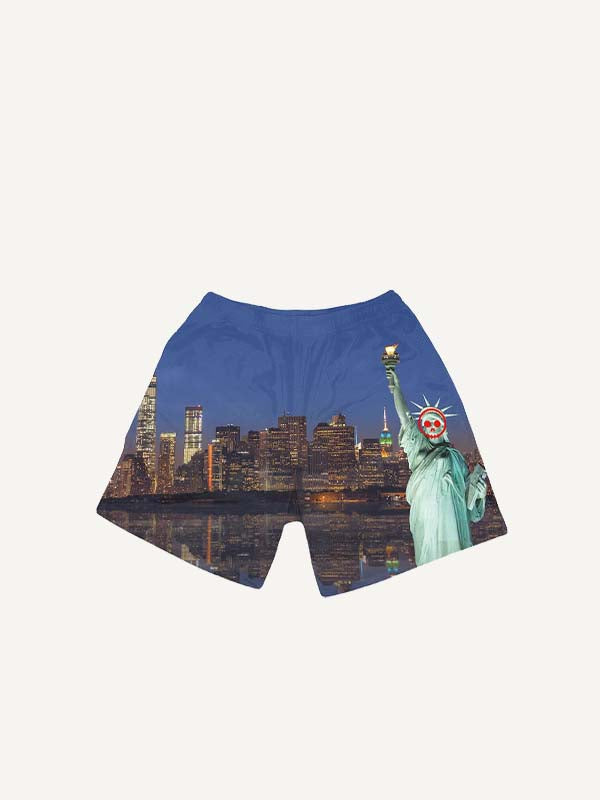 Pantaloncini con coulisse in vita e stampa di città e Statua della Libertà