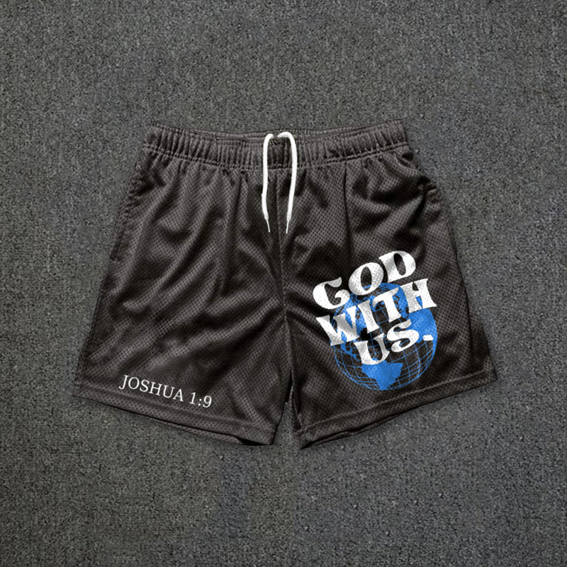 "God With Us" Print Freizeit-Mesh-Shorts