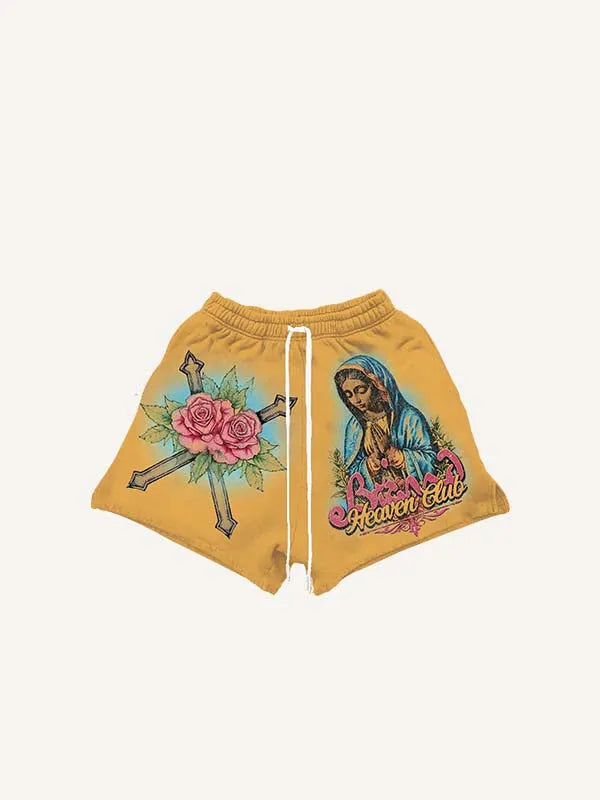Figure&Mary&Cross&Floral&Letter Print Drawstring Waist Shorts