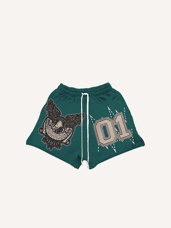 Eagle&Letter&Claw Marks Faux Decal Print Drawstring Waist Shorts