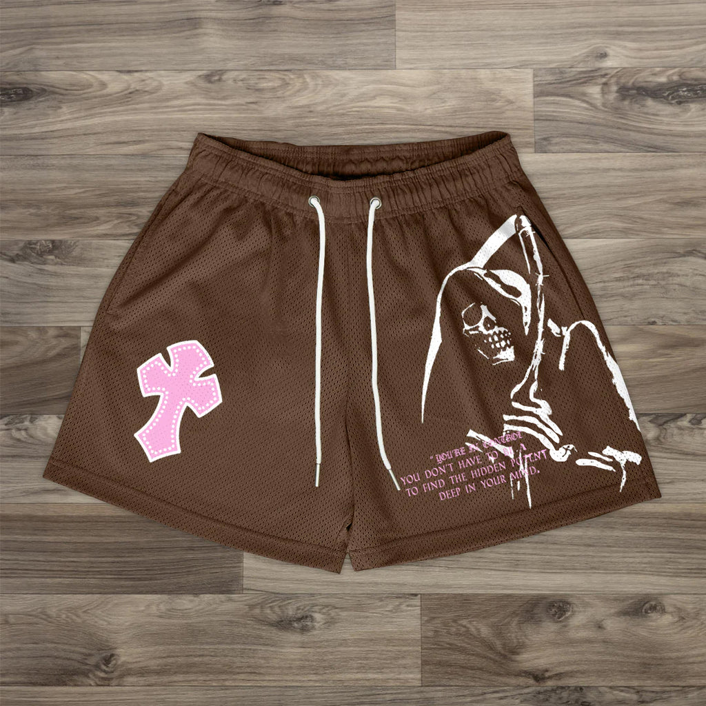 Pantaloncini in rete con stampa del Grim Reaper e croce
