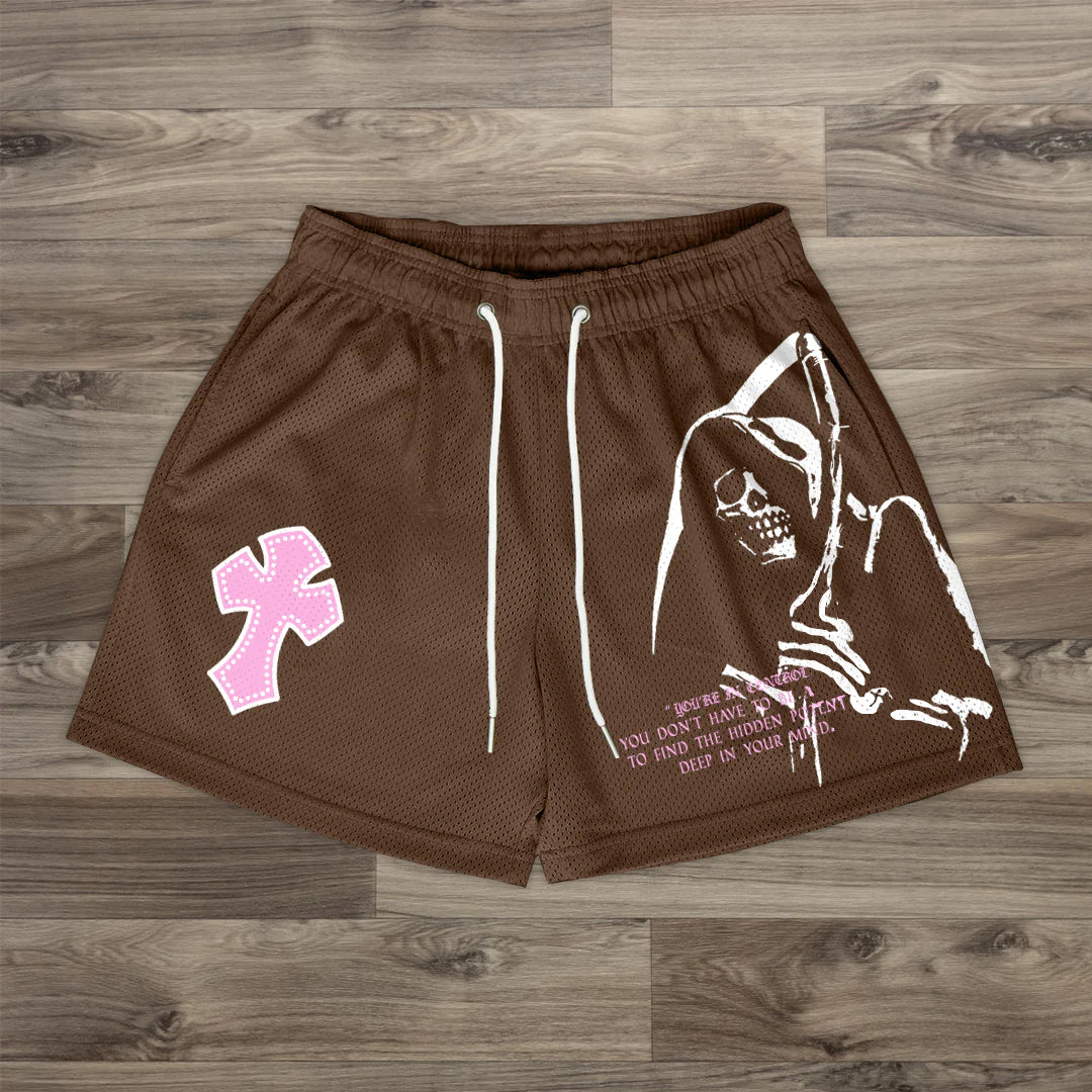 Pantaloncini in rete con stampa del Grim Reaper e croce