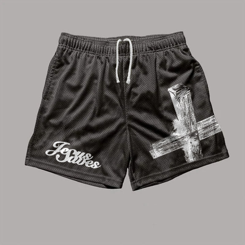 Pantaloncini in mesh con stampa «Gesù salva»