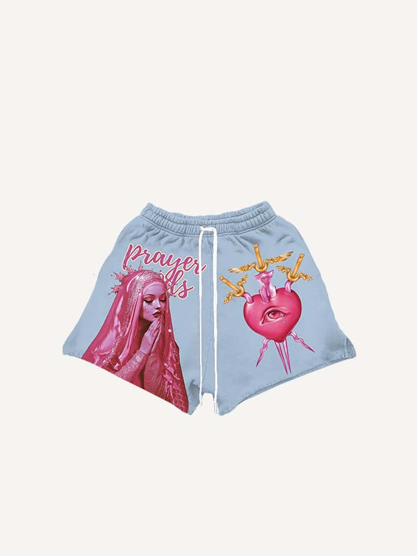 Shorts mit Kordelzug und Figure&Pray&Sword&Heart&Eye-Print