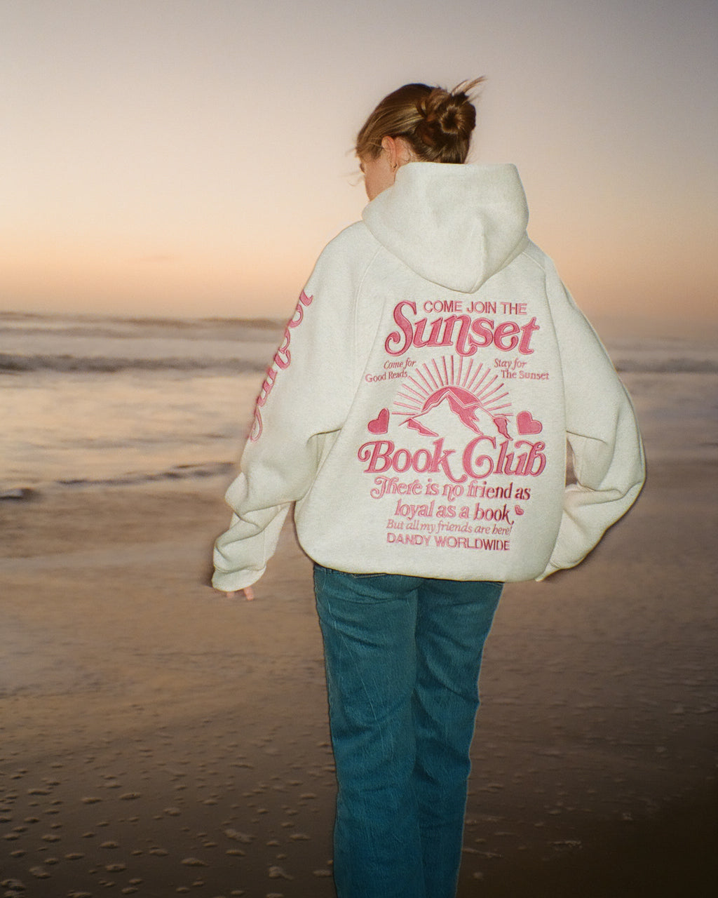 Sweat à capuche oversize "Book Club" gris chiné et rose
