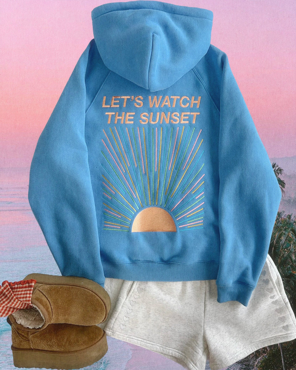 "Let's Watch the Sunset" oversize’owa bluza z kapturem Lux w kolorze niebieskim