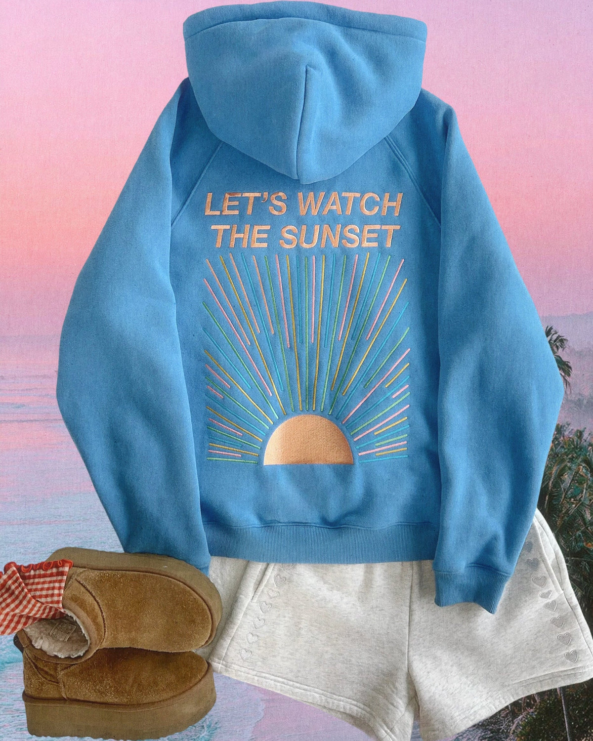 "Let's Watch the Sunset" oversize’owa bluza z kapturem Lux w kolorze niebieskim