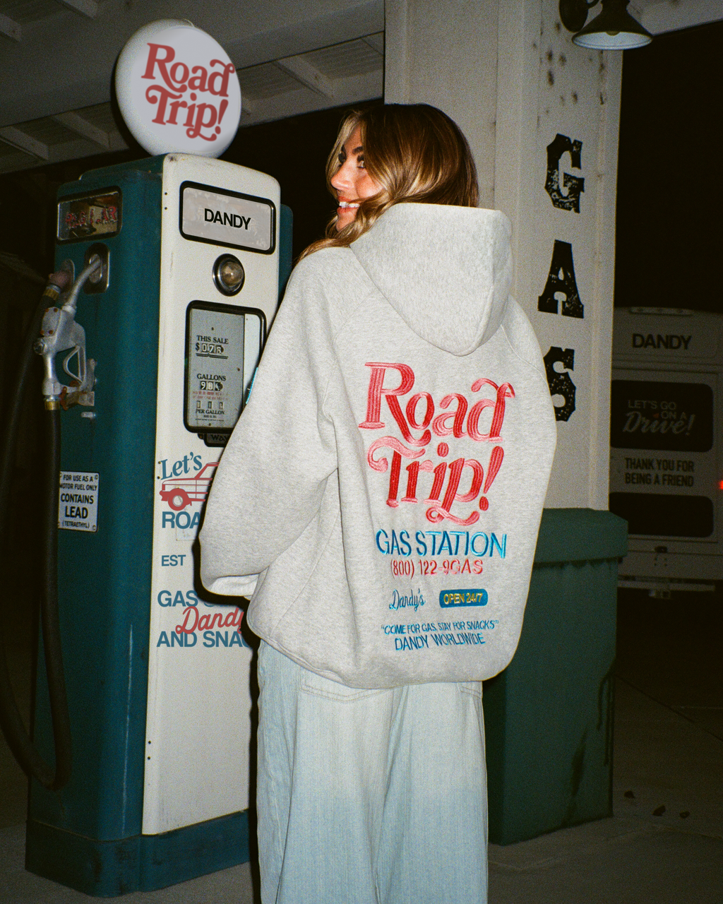 Sweat à capuche oversize « Road Trip ! » en gris chiné foncé