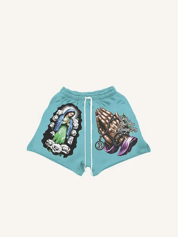 Shorts mit Kordelzug, Figur-, Gebets- und Blumen-Buchstaben-Print