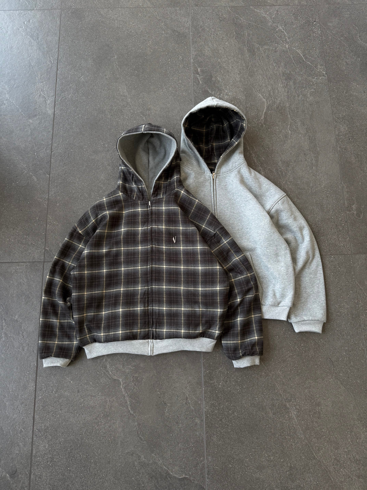 Reversible Plaid Zip-Hoodie V2（Dark Grey/Brown）