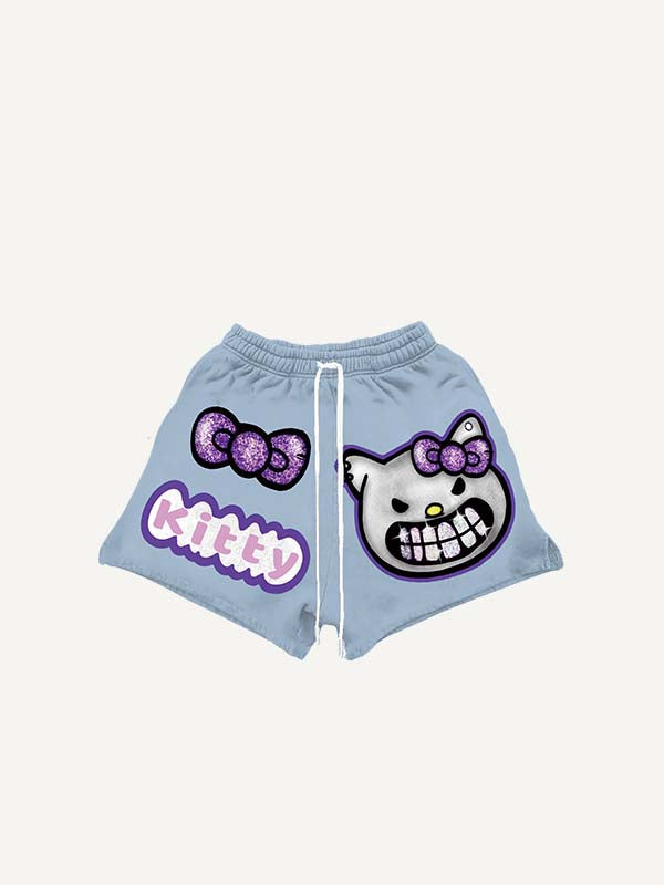 Shorts à taille cordon avec imprimé chat et lettres