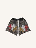 Shorts mit Tunnelzug, Kreuz- und Schriftzug-Zweig-Print