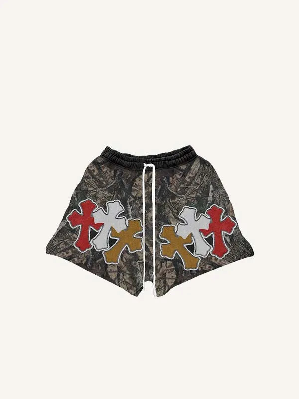 Shorts mit Tunnelzug, Kreuz- und Schriftzug-Zweig-Print