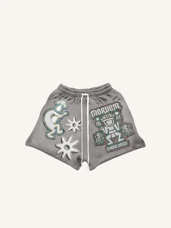 Pantalones cortos con cordón en la cintura y estampado de figura, gráfico y letras tipo calcomanía