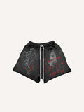 Palm&Cross&Letter Print Drawstring Waist Shorts