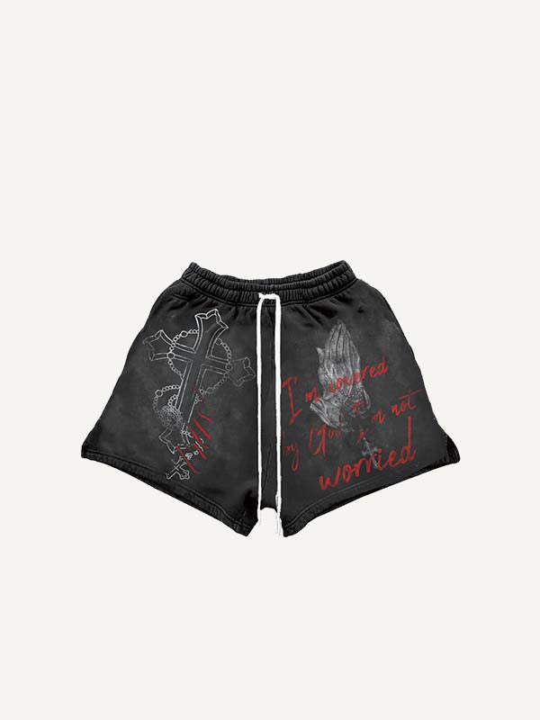 Palm&Cross&Letter Print Drawstring Waist Shorts