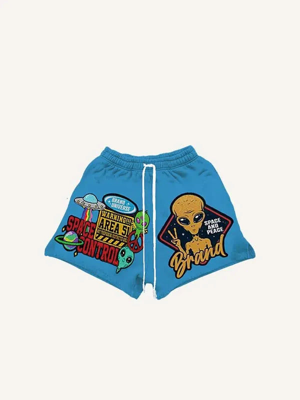 Shorts mit Alien-, UFO- und Schrift-Print sowie Kordelzug in der Taille